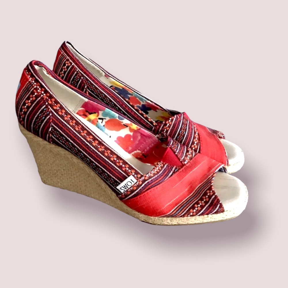 Toms Shoes Women’s Wedge Heel Peep Toe Sandals Espadrilles Canvas Designer